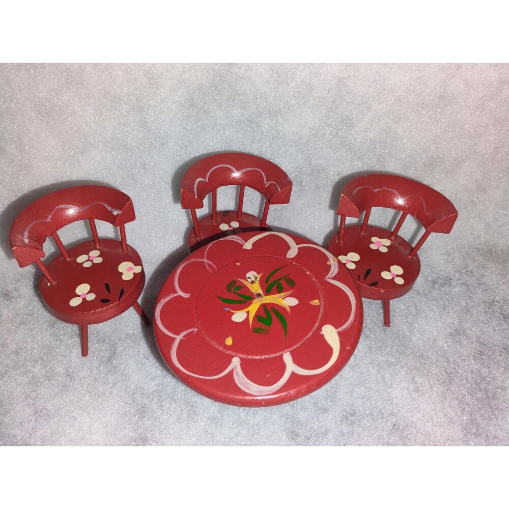 Vintage Hand-Painted Wood Dollhouse Dining Set: Red Floral Scandinavian Folk Art